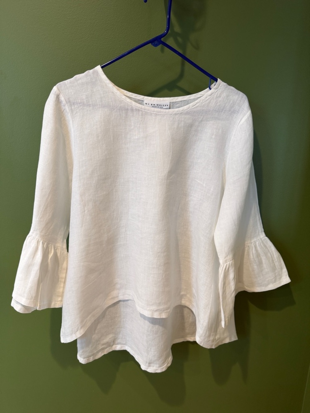 Bryn Walker Fran Basic Linen Round Neck Ruffle 3/4 Bell Sleeve High-Low Top